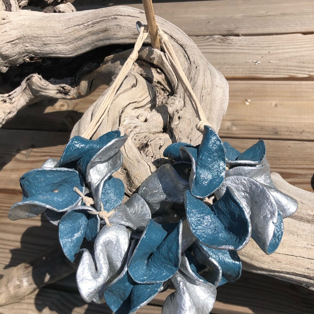 Iris Apfel fabulous bib believe its mache necklace in blue and silver with cord